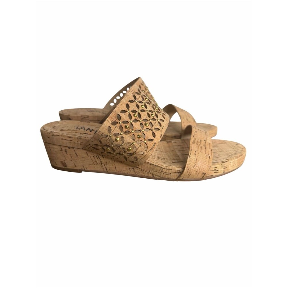 Vaneli Kadence Cork Wedge Sandals size 7W Perforated Metallic Studs Neutral Boho